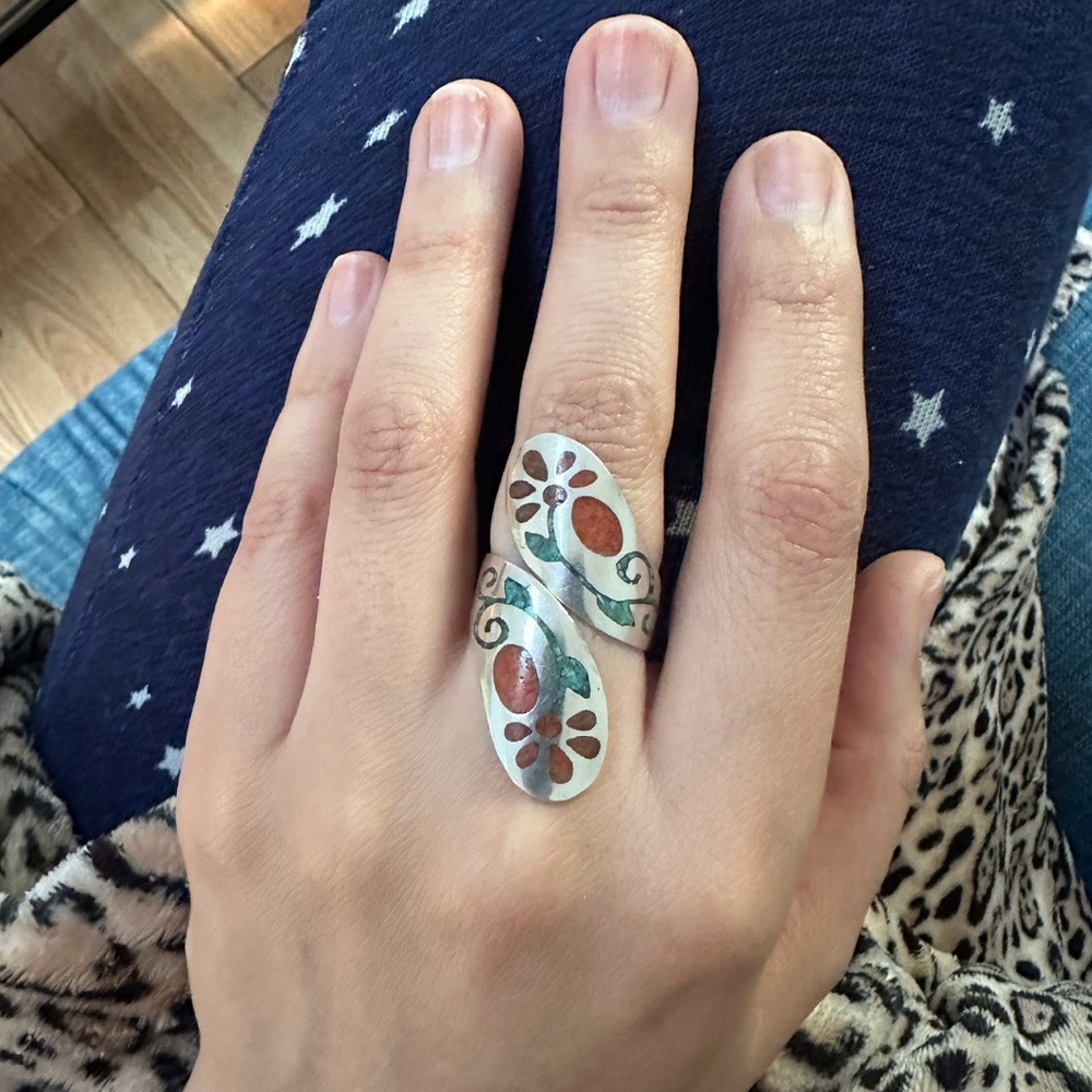 Vintage Native sterling red coral and turquoise floral ring, Southwestern, Boho